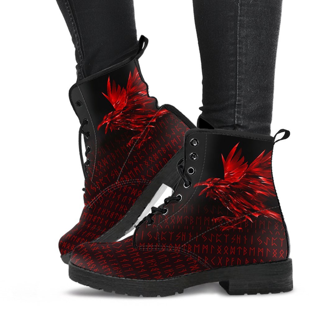 Viking Leather Boots The Raven Of Odin Rune, Red RLT12
