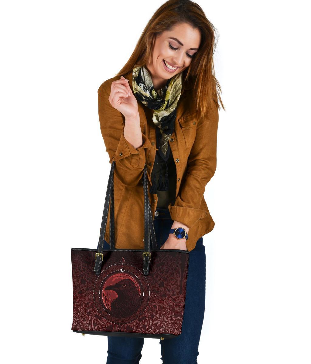 Viking Small Leather Tote Bag, Ethnic Odin Raven Red RLT12