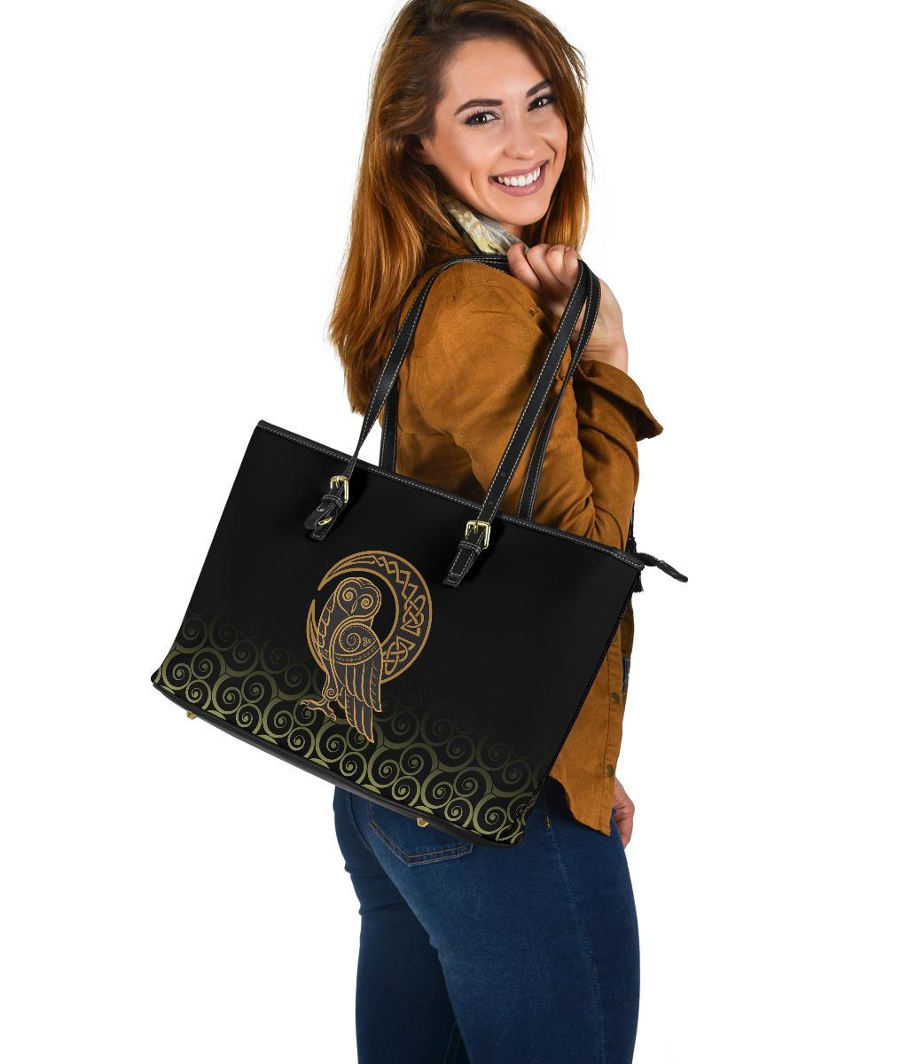 Viking Large Leather Tote Owl Celtic On Triskels Background RLT12