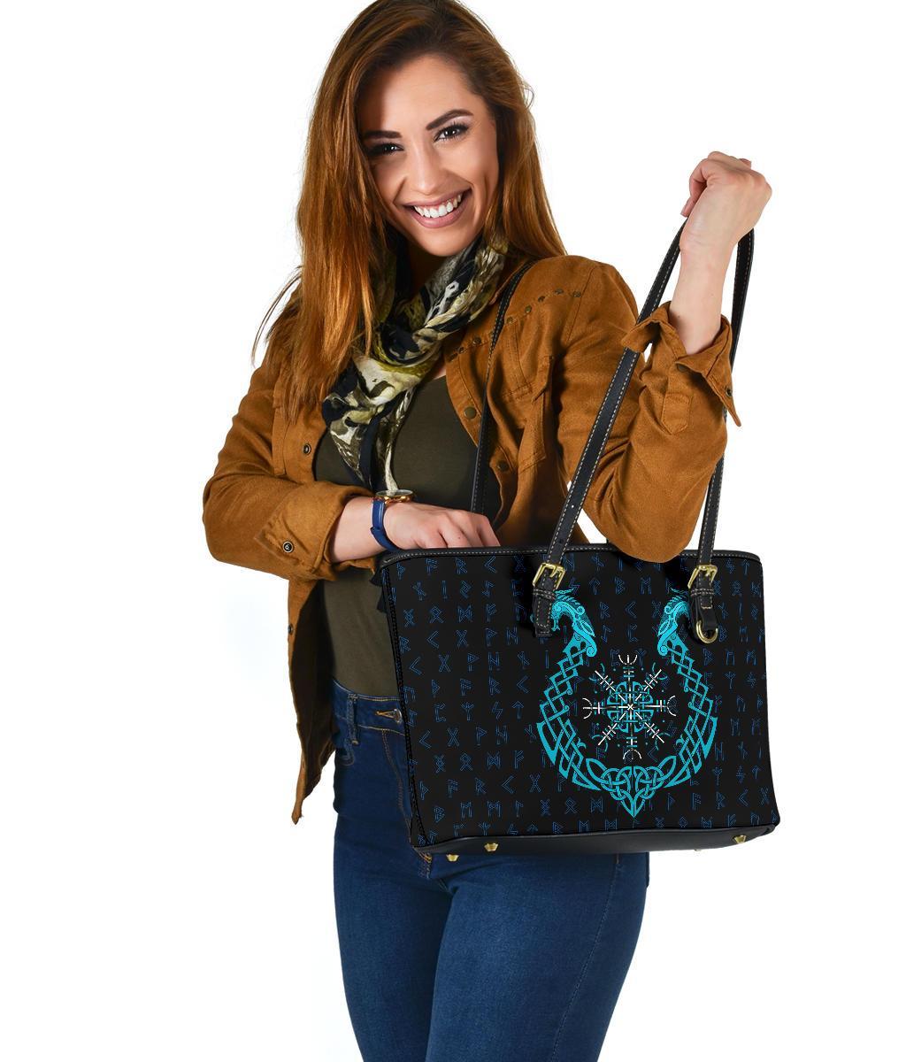 Viking Small Leather Tote Bag, Aegishjalmur Helm Of Awe Blue Edition RLT12