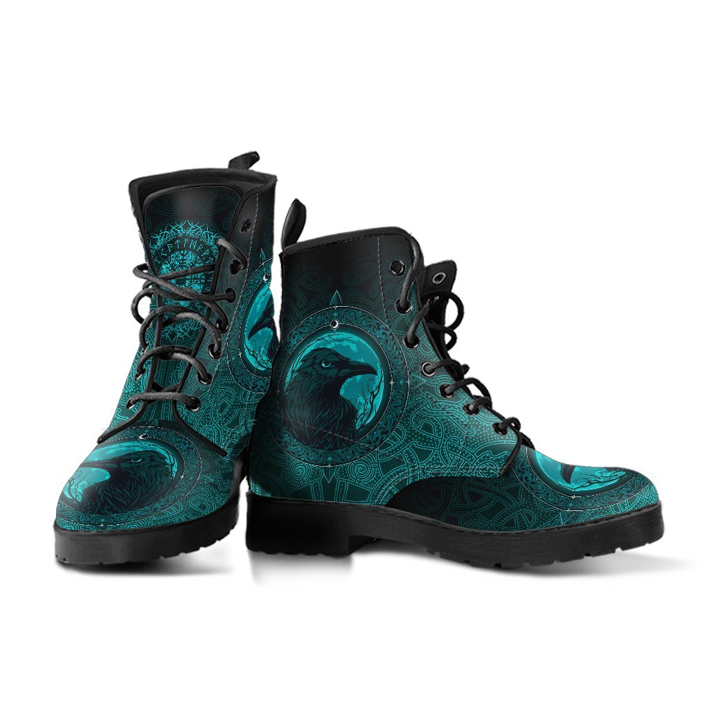 Viking Leather Boots, Ethnic Odin Raven Cyan RLT12