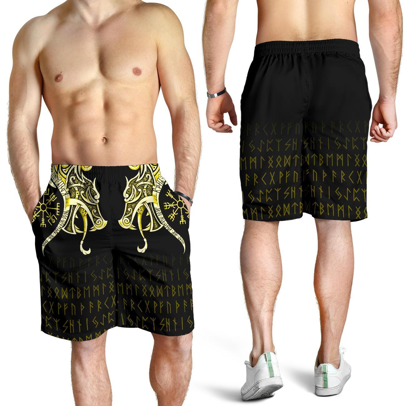 Viking Men's Shorts, Fenrir Raven and Vegvisir Tattoo Yellow RLT12
