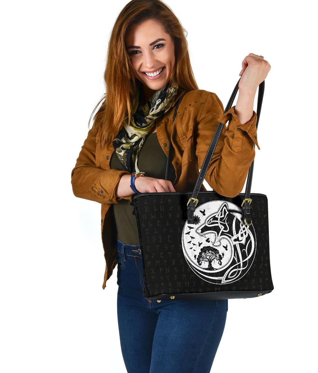 Viking Small Leather Tote Bag, Skoll and Hati Rune Tattoo RLT12