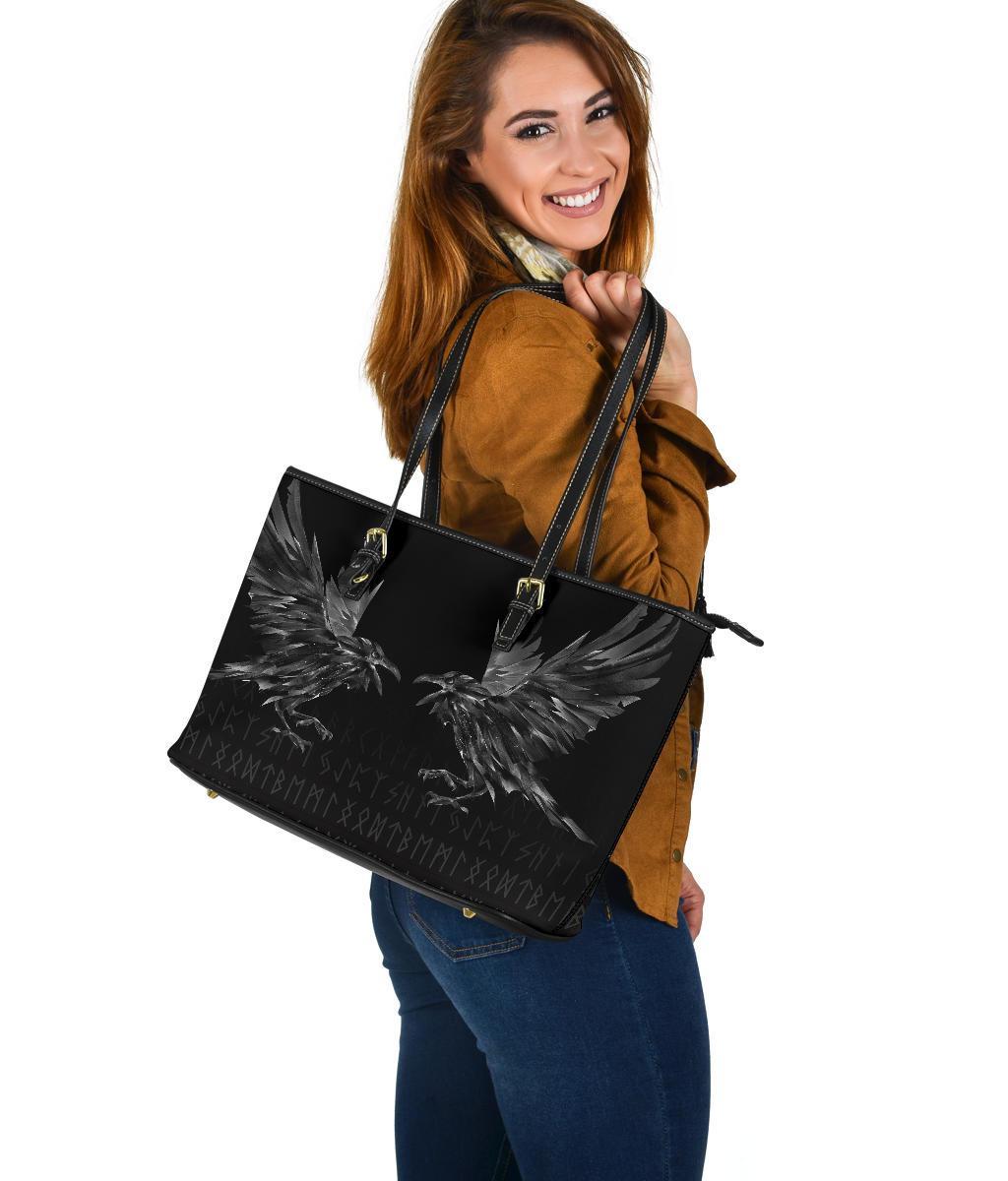 Viking Large Leather Tote Bag Odin Huginn and Muninn Rune RLT12