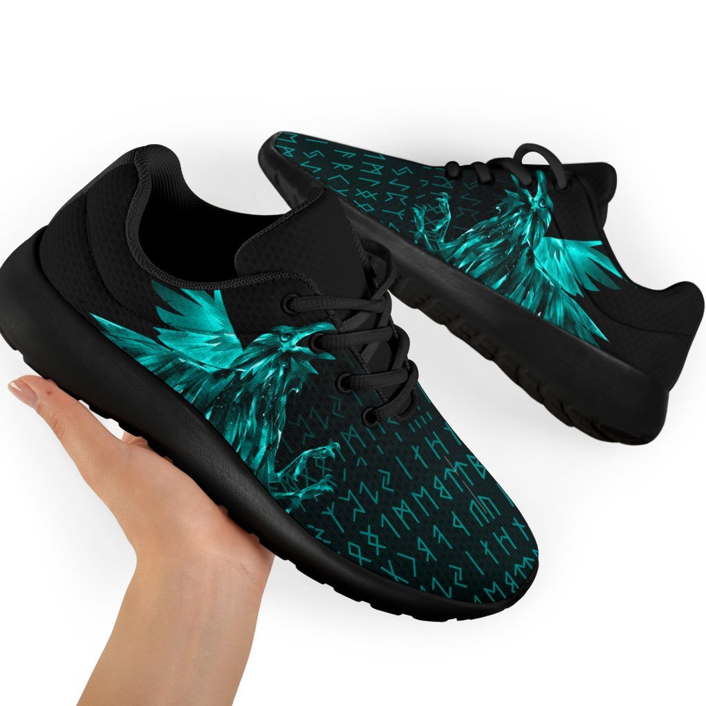 Viking Sporty Sneakers - The Raven Of Odin Rune Cyan RLT12