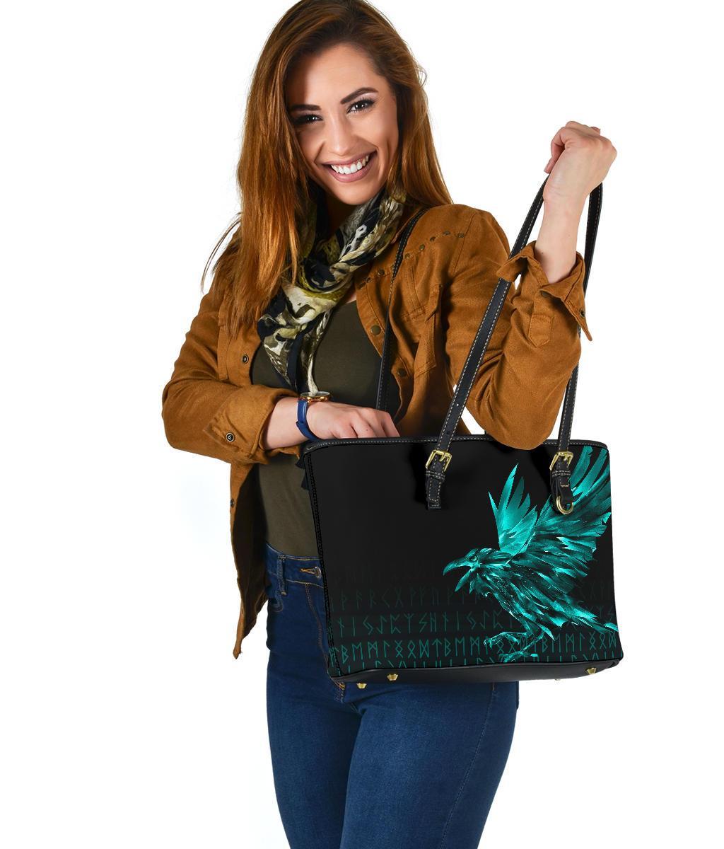 Viking Small Leather Tote Bag - The Raven Of Odin Rune Cyan RLT12