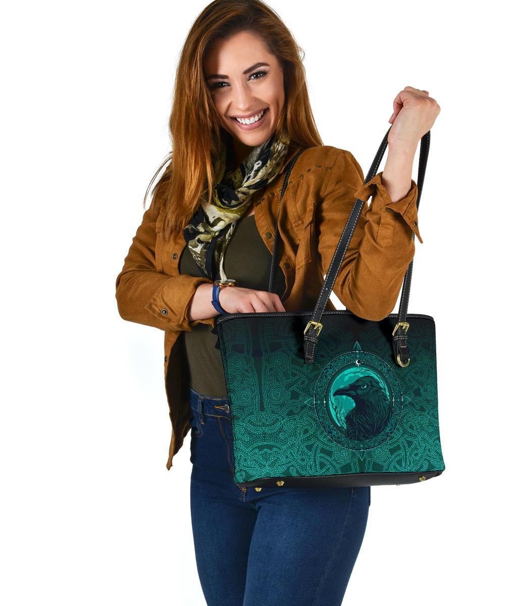 Viking Small Leather Tote Bag, Ethnic Odin Raven Cyan RLT12
