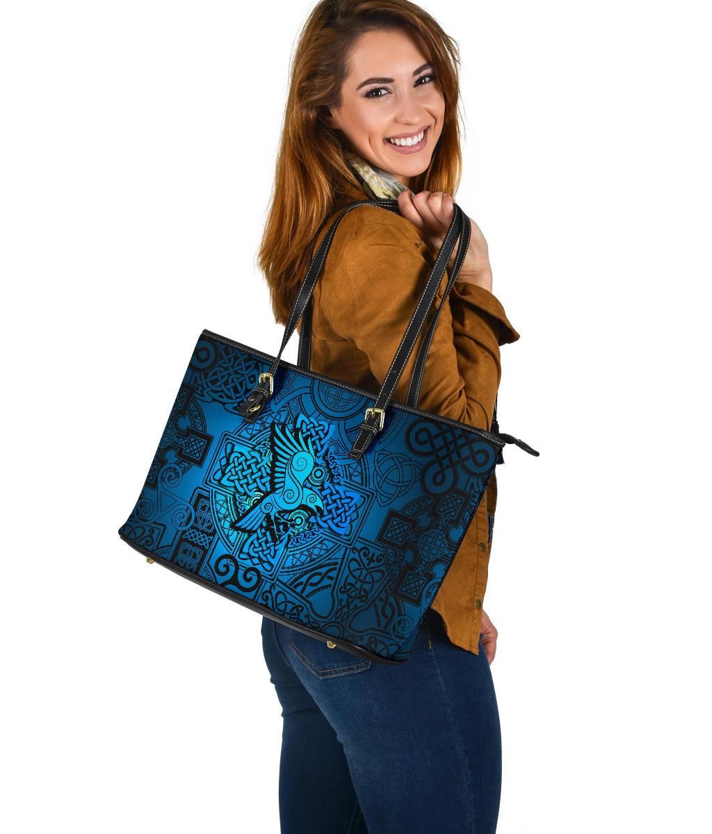 Viking Large Leather Tote Raven Odin Celtic Cyan RLT12