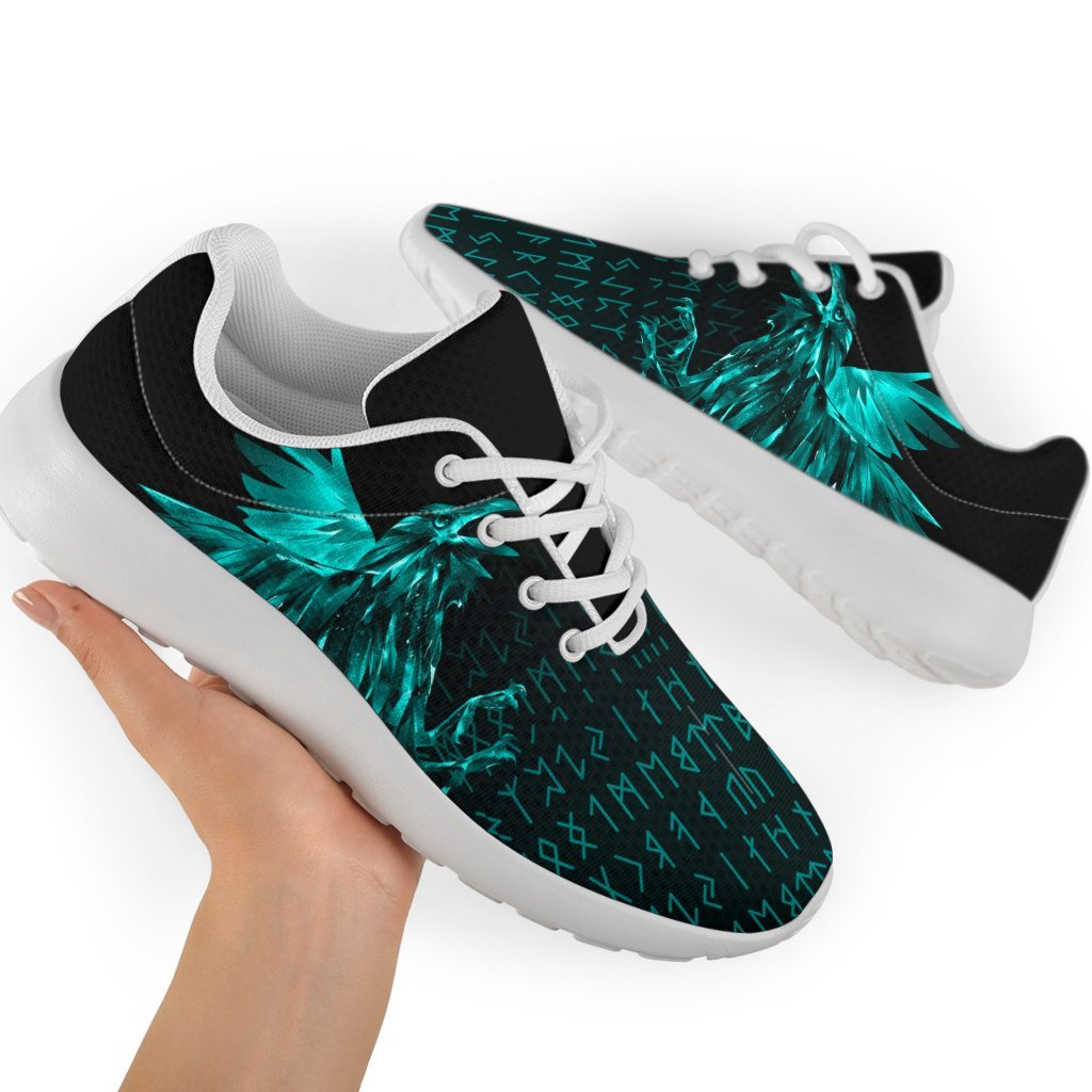 Viking Sporty Sneakers - The Raven Of Odin Rune Cyan RLT12