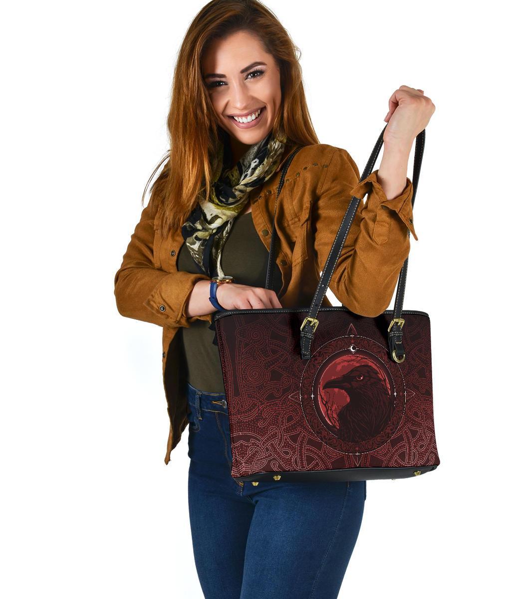 Viking Small Leather Tote Bag, Ethnic Odin Raven Red RLT12