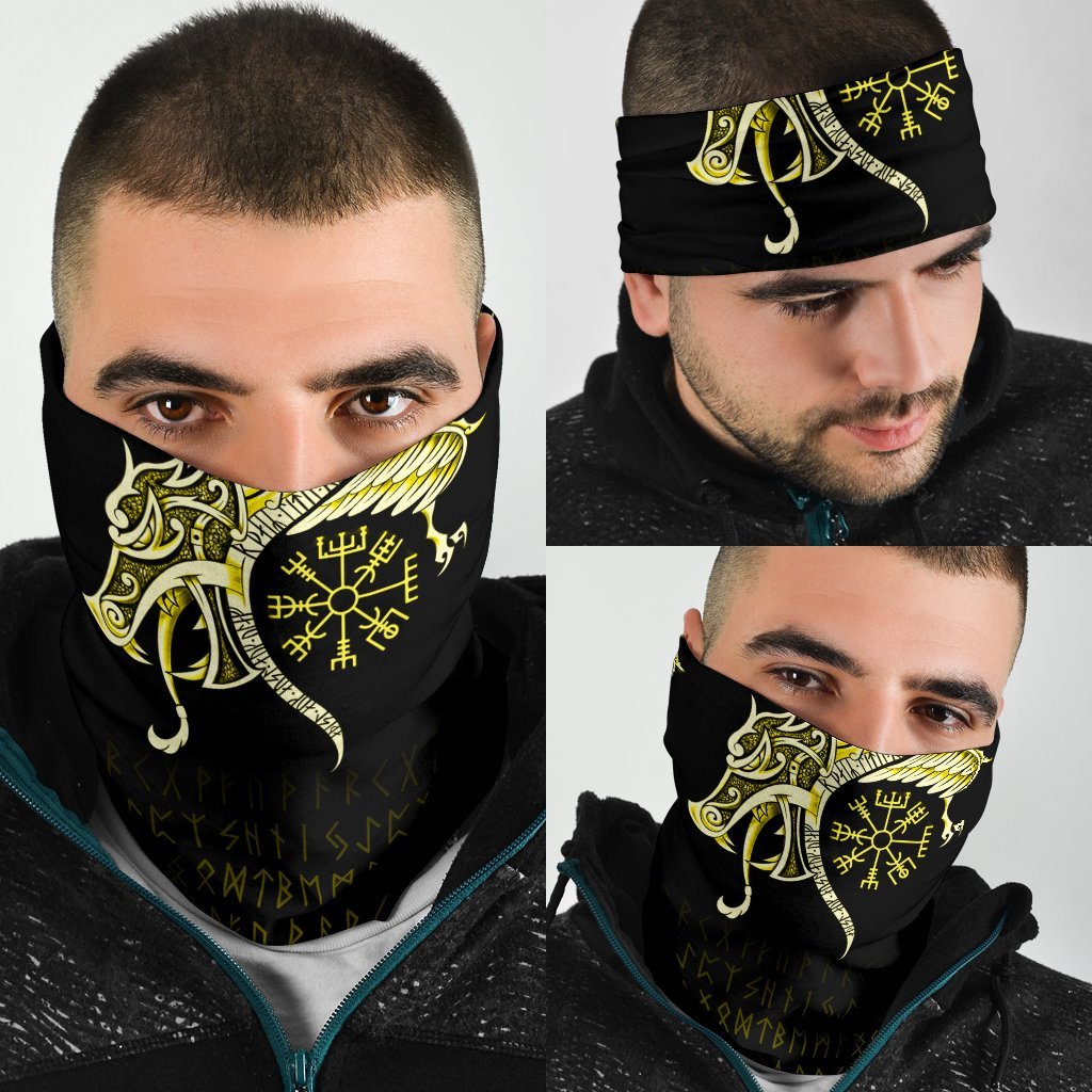 Viking Neck Gaiter 3 Pack, Fenrir Raven and Vegvisir Tattoo Yellow RLT12