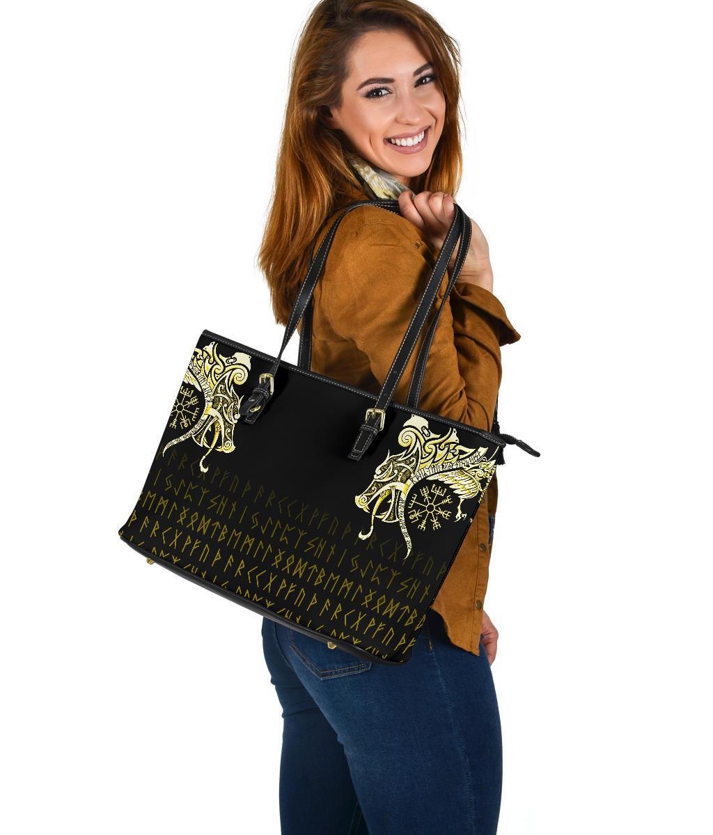 Viking Large Leather Tote, Fenrir Raven and Vegvisir Tattoo Yellow RLT12