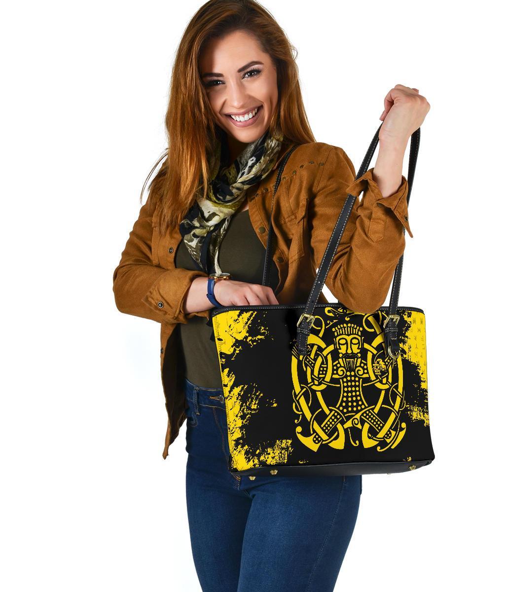 Viking Small Leather Tote Bag, Loki Bound Triskele Rune Gold RLT12