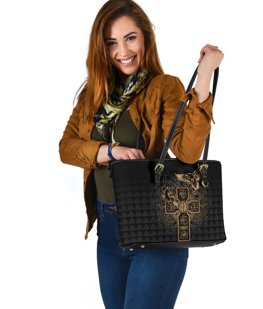 Viking Small Leather Tote - Odin's Celtic Raven Tattoo RLT12