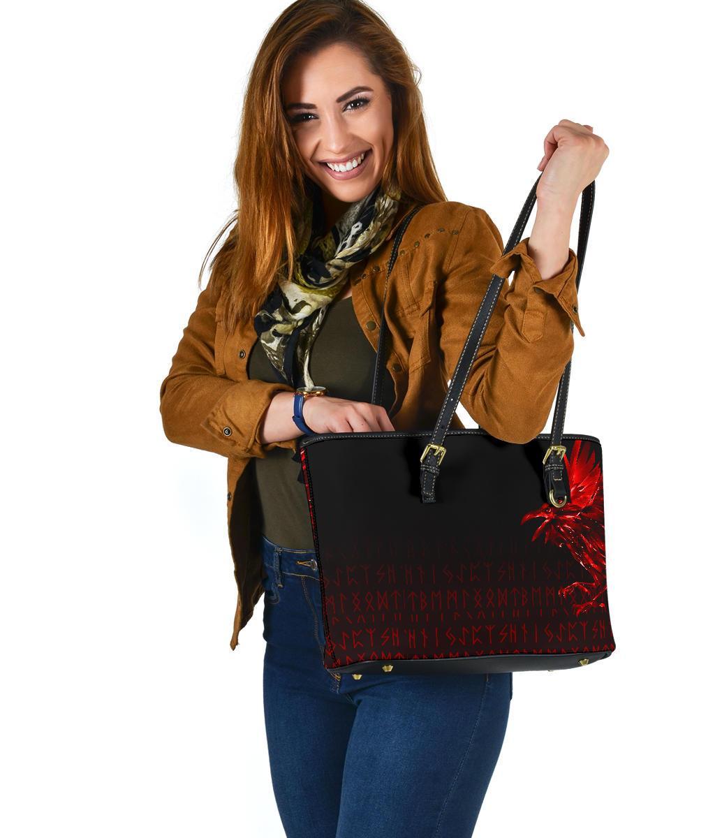 Viking Small Leather Tote Bag - The Raven Of Odin Rune, Red RLT12