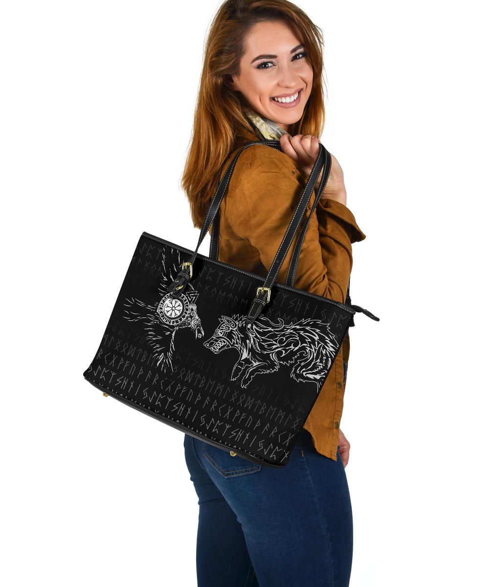 Viking Large Leather Tote Raven and Wolf Special Tattoo RLT12