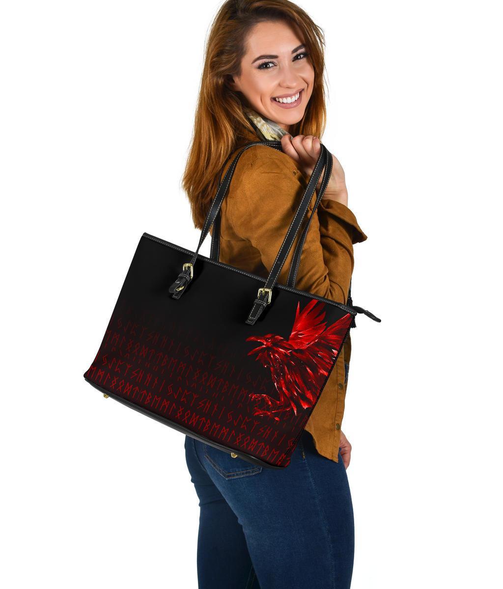 Viking Large Leather Tote Bag The Raven Of Odin Rune, Red RLT12