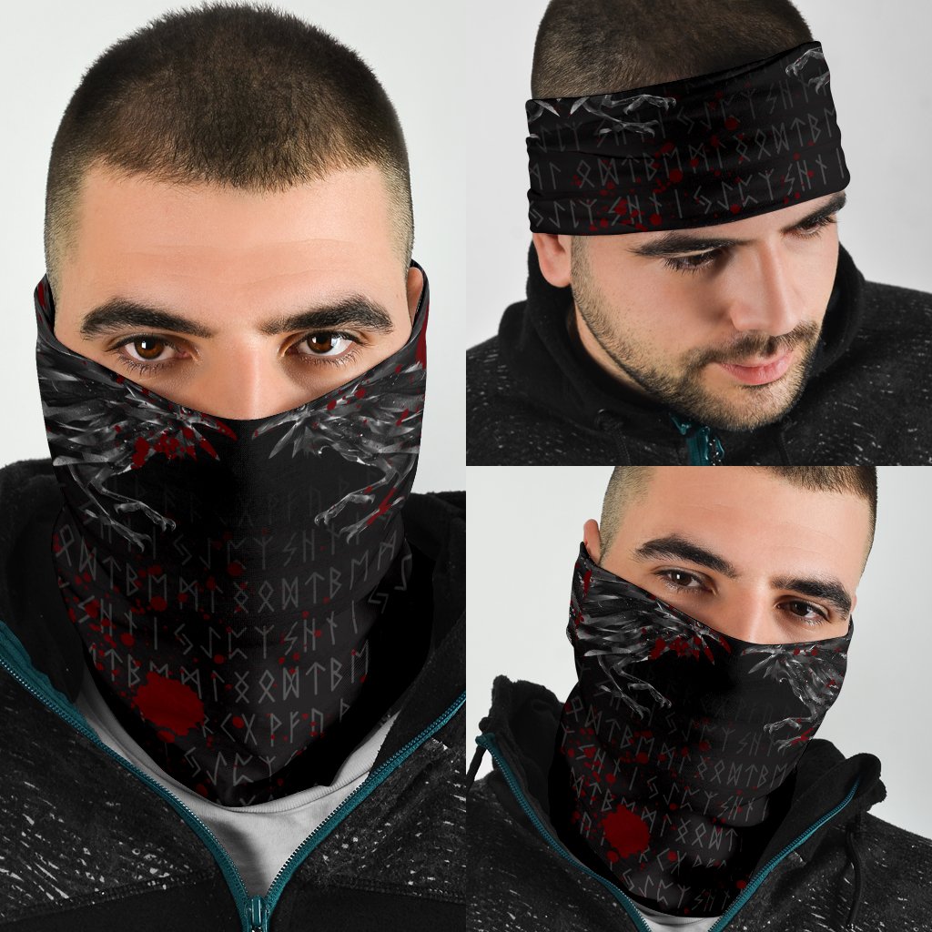 Viking Neck Gaiter - Odin Huginn and Muninn Rune Blood RLT12