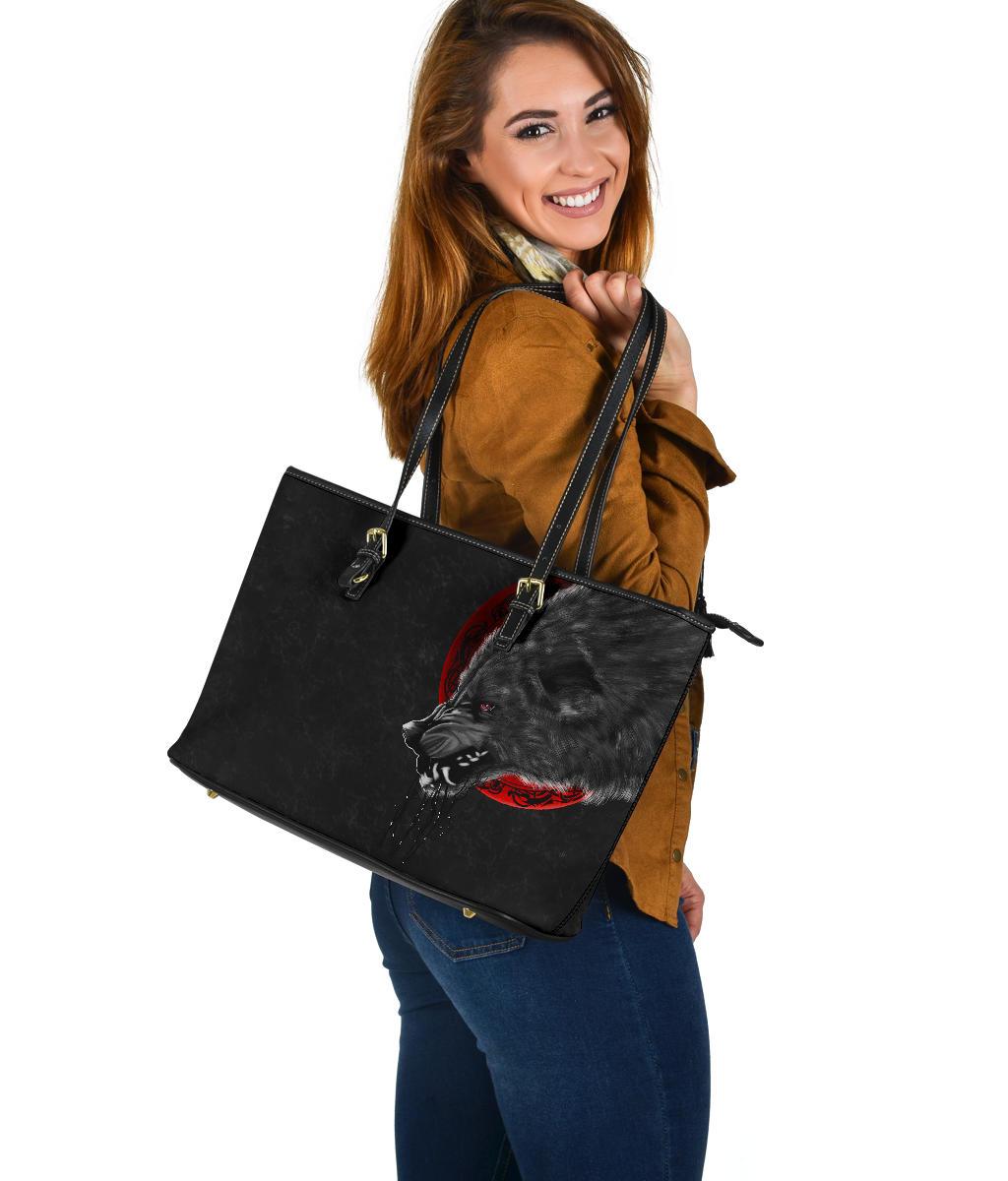 Viking Large Leather Tote Wolf and Blood Moon RLT12