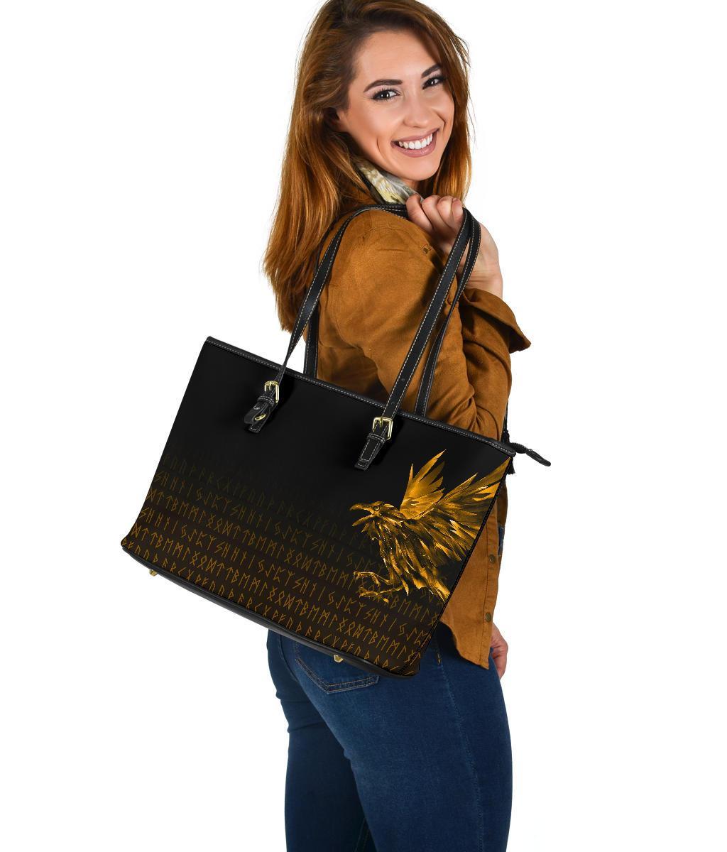 Viking Large Leather Tote Bag The Raven Of Odin Rune, Gold RLT12