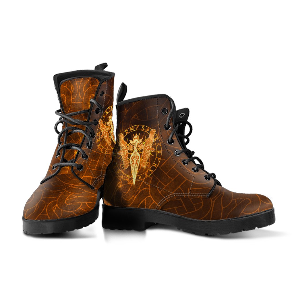 Viking Leather Boots Gold Spear Of The God Odin Gungnir and Two Gold Ravens RLT12