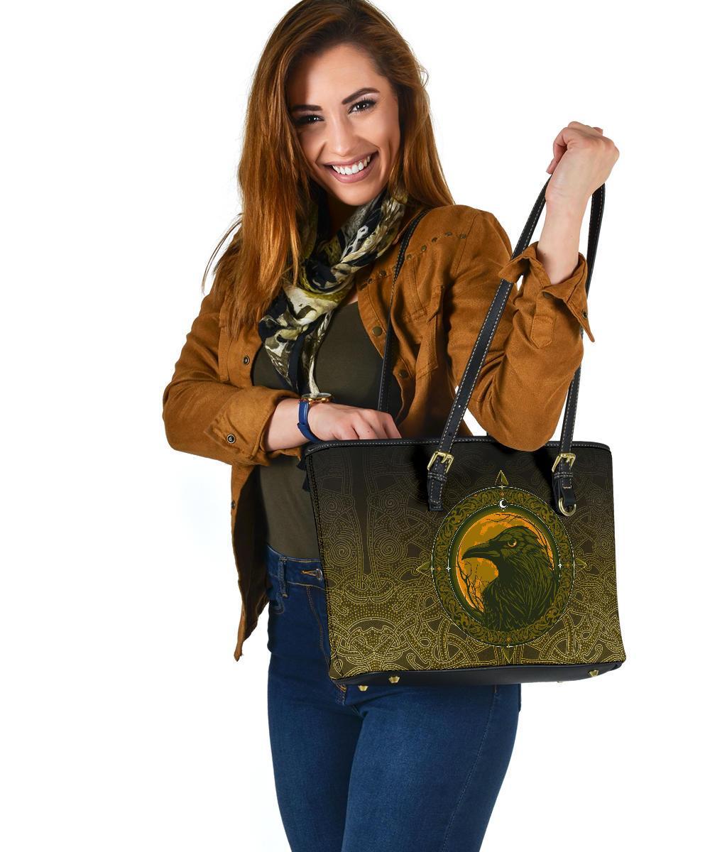Viking Small Leather Tote Bag, Ethnic Odin Raven Gold RLT12