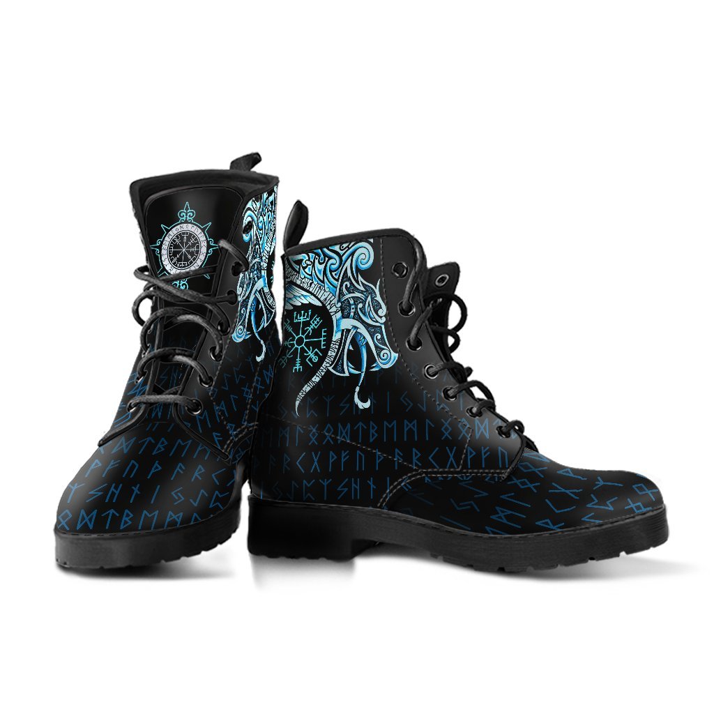 Viking Leather Boots, Fenrir Raven and Vegvisir Tattoo Cyan RLT12