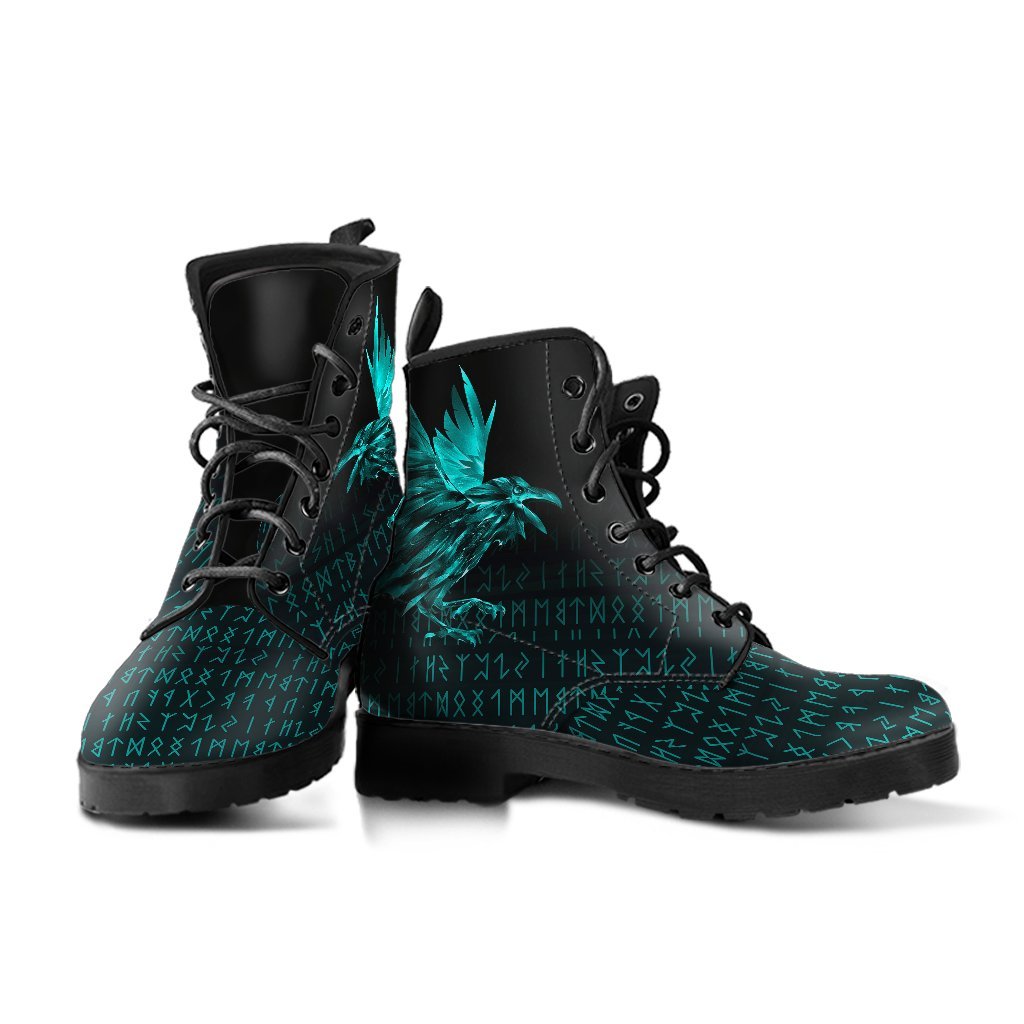 Viking Leather Boots The Raven Of Odin Rune Cyan RLT12