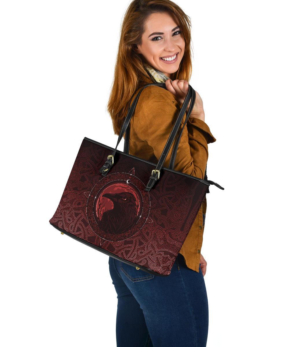 Viking Large Leather Tote Bag, Ethnic Odin Raven Red RLT12