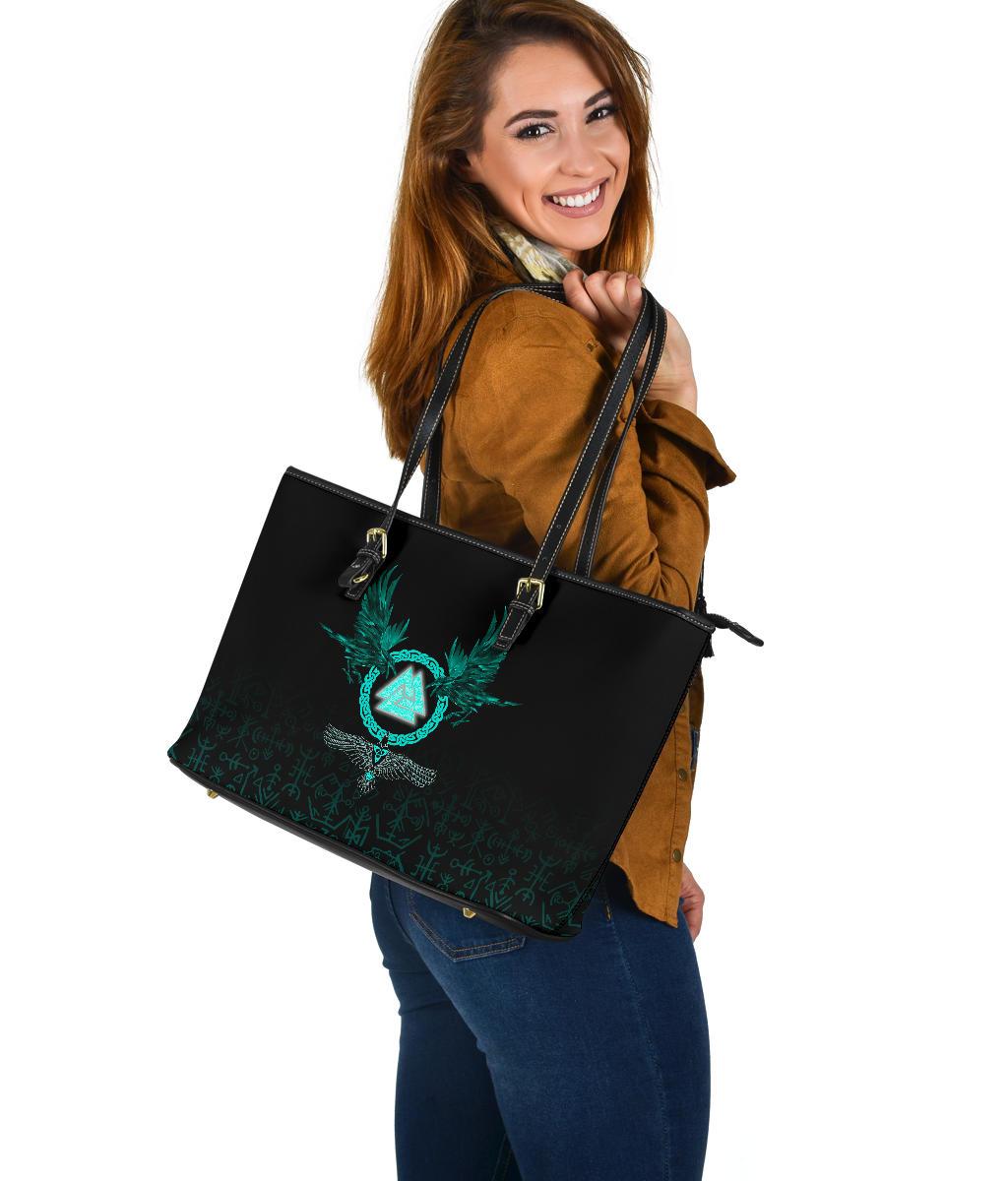Viking Large Leather Tote Three Raven and Valknut Cyan RLT12