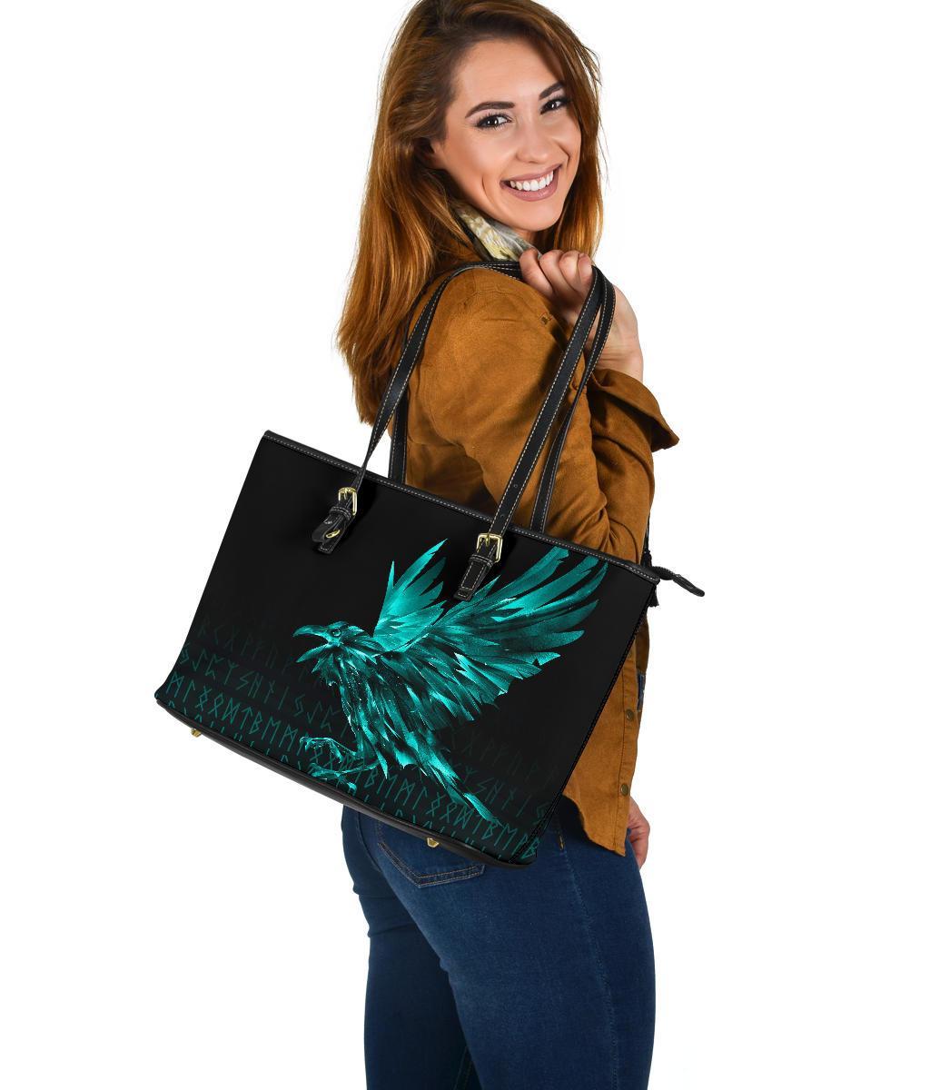 Viking Larger Leather Tote Bag The Raven Of Odin Rune Cyan RLT12