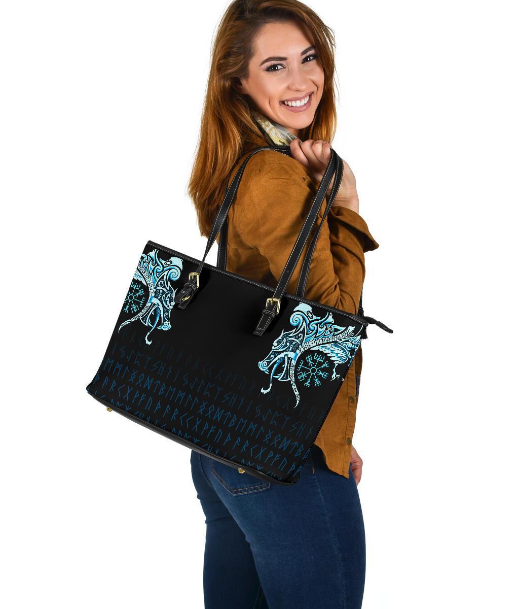 Viking Large Leather Tote, Fenrir Raven and Vegvisir Tattoo Cyan RLT12
