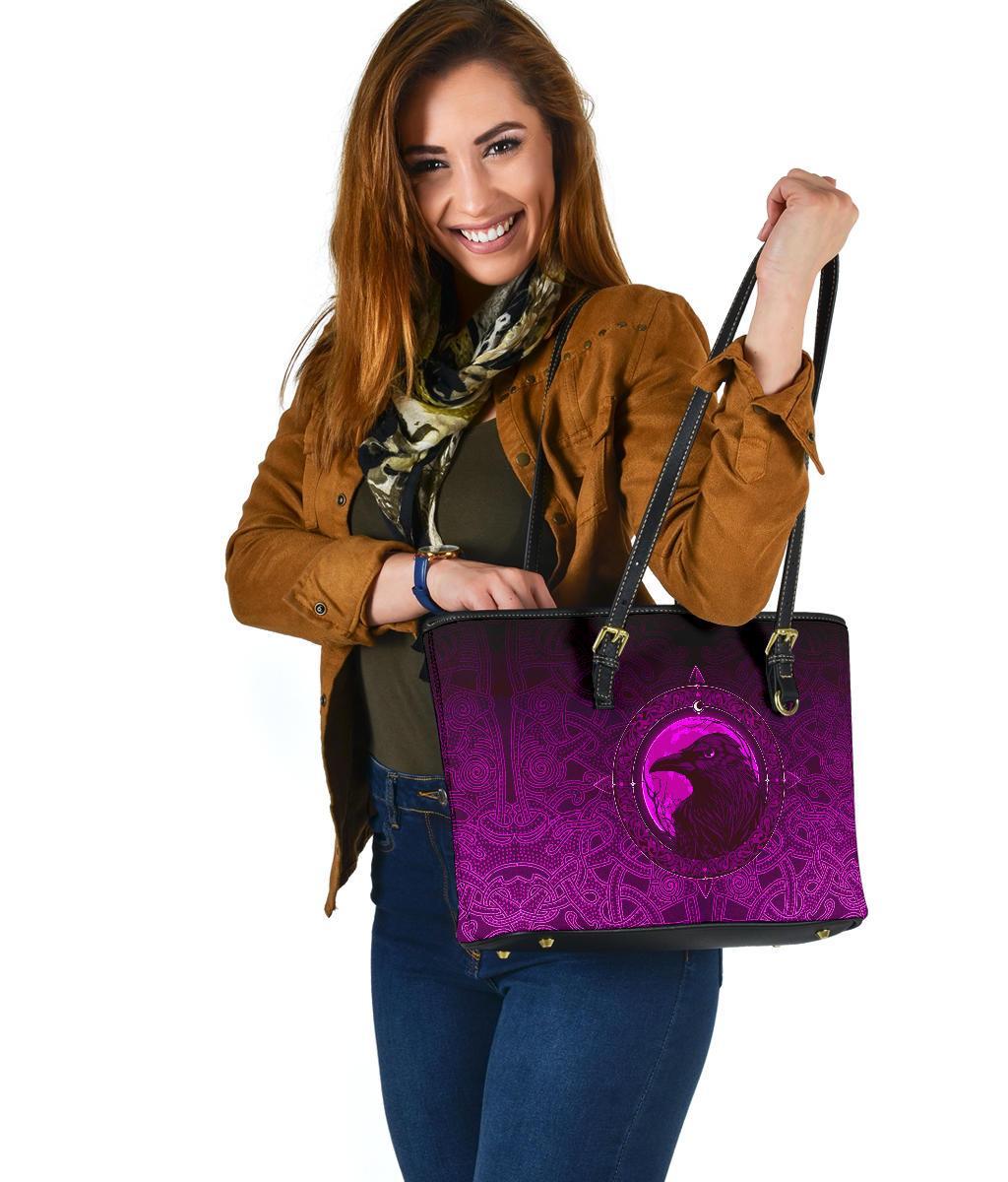 Viking Small Leather Tote Bag, Ethnic Odin Raven Pink RLT12