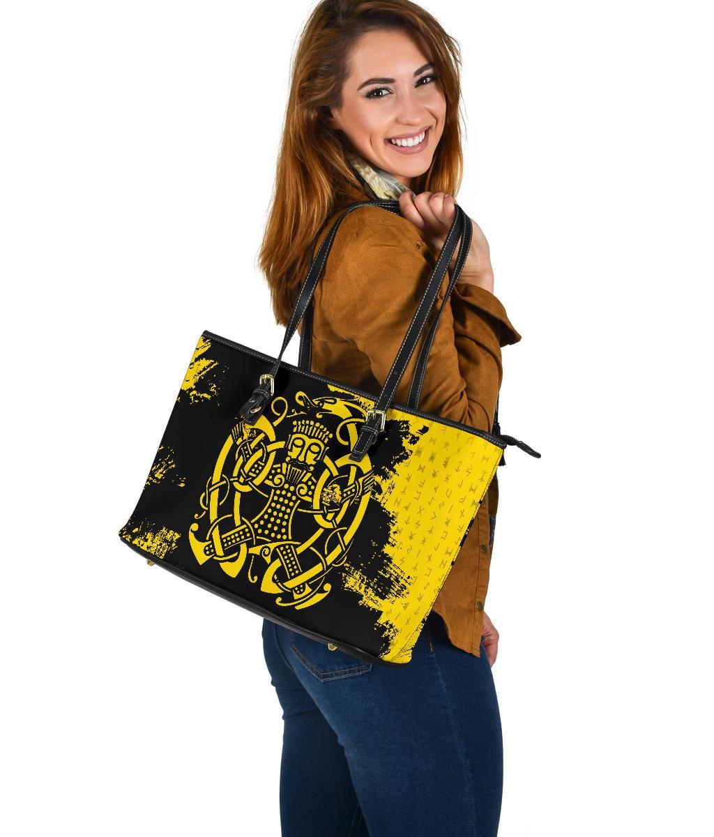 Viking Large Leather Tote Bag, Loki Bound Triskele Rune Gold RLT12