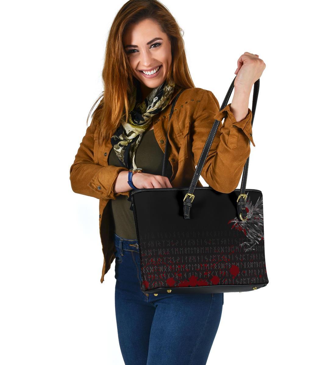 Viking Small Leather Tote Bag - The Raven Of Odin Rune Blood RLT12