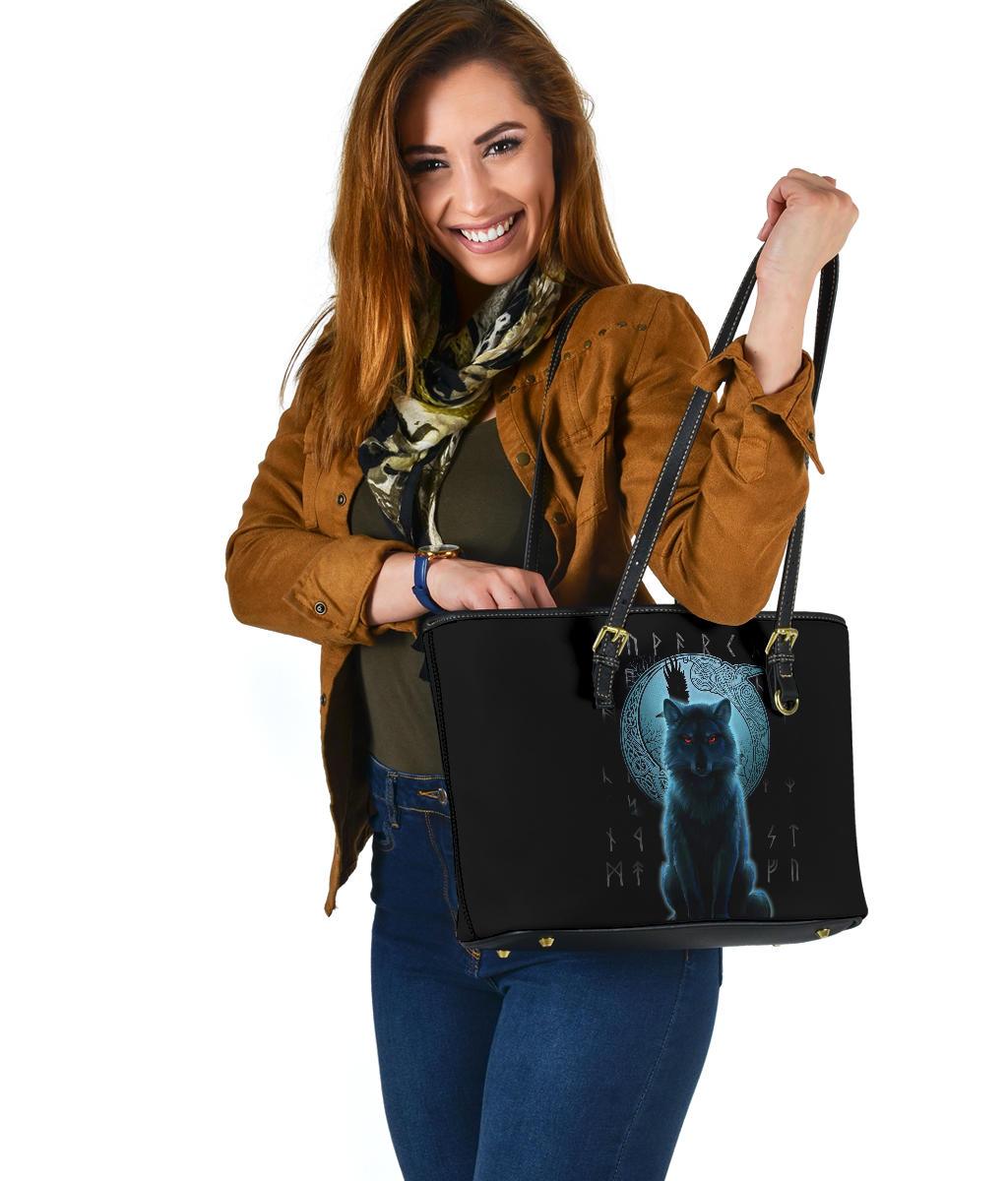 Viking Small Leather Tote Bag, Fenrir Viking Wolf and Moon RLT12