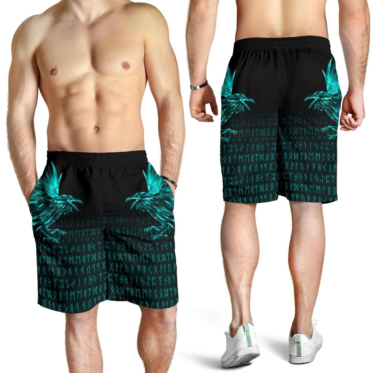 Viking Men's Shorts - The Raven Of Odin Rune Cyan RLT12
