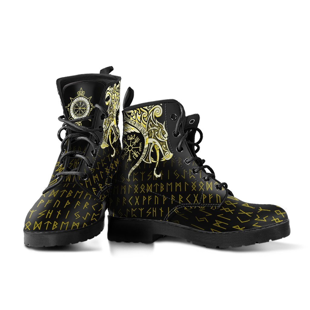 Viking Leather Boots, Fenrir Raven and Vegvisir Tattoo Yellow RLT12