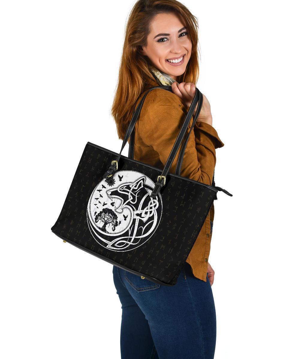 Viking Large Leather Tote Bag, Skoll and Hati Rune Tattoo RLT12