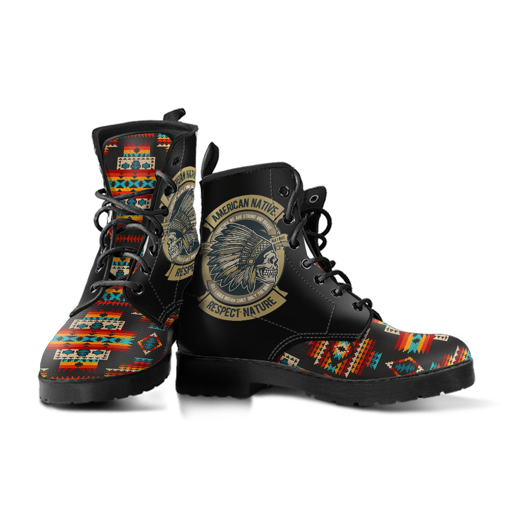 Skull Black Pattern Native American Leather Boots LT10