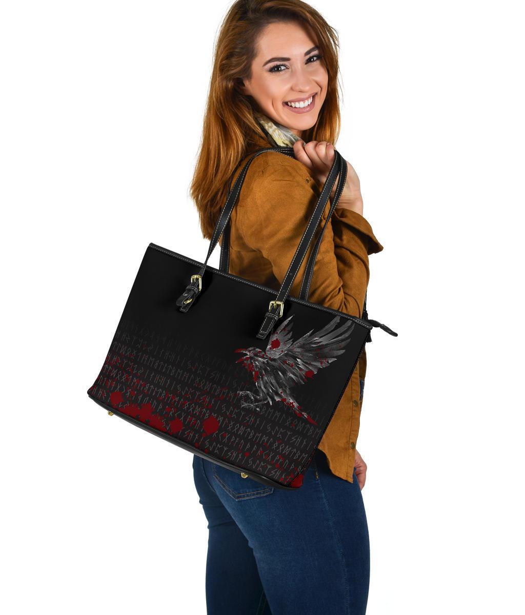 Viking Large Leather Tote Bag The Raven Of Odin Rune Blood RLT12