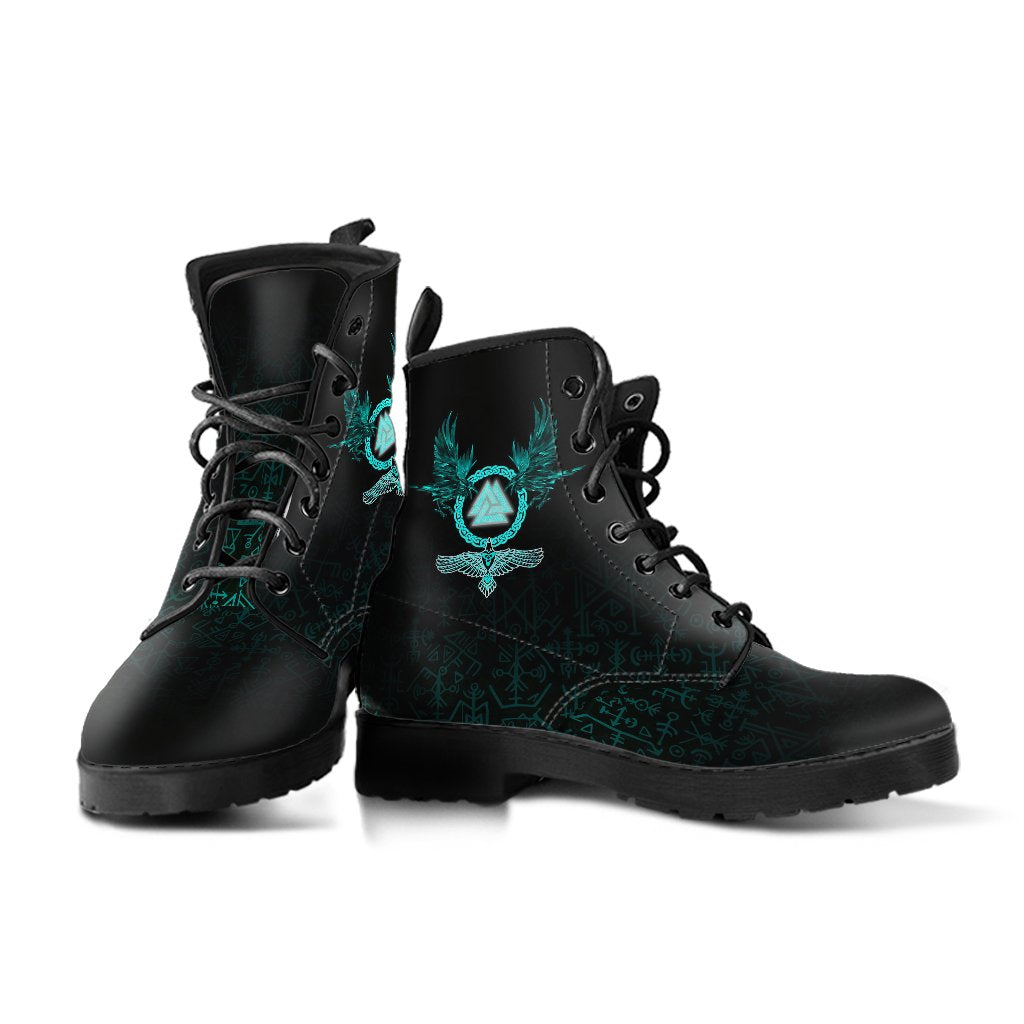 Viking Leather Boots Three Raven and Valknut Cyan RLT12