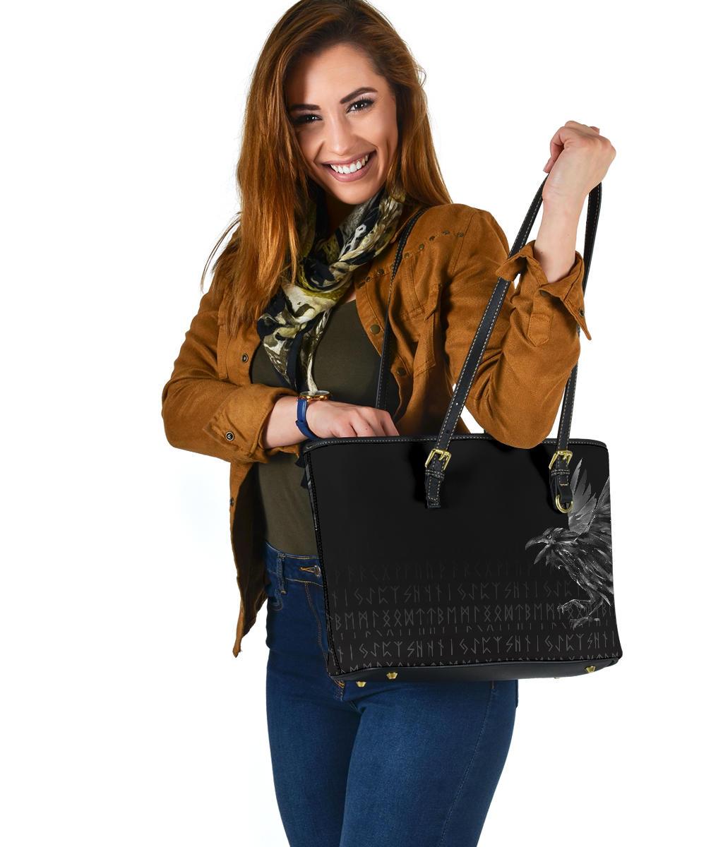 Viking Small Leather Tote Bag - The Raven Of Odin Rune RLT12