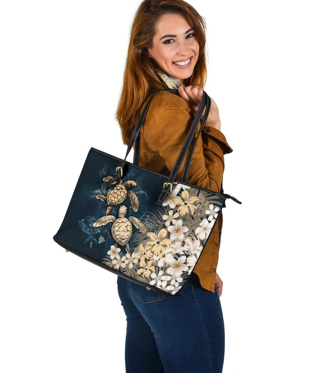 Kanaka Maoli (Hawaiian) Leather Tote - Sea Turtle Tropical Hibiscus and Plumeria Gold