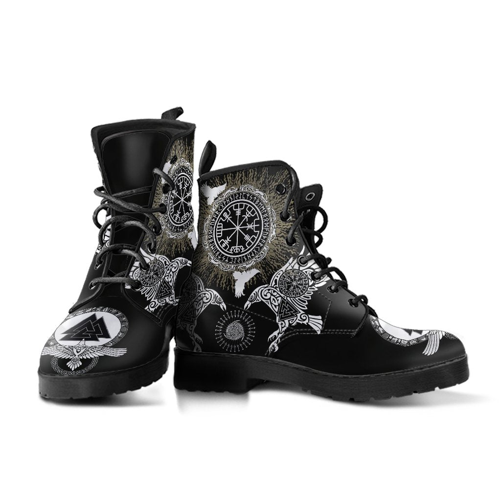 Viking Leather Boots Raven, Valknut and Vegvisir RLT12