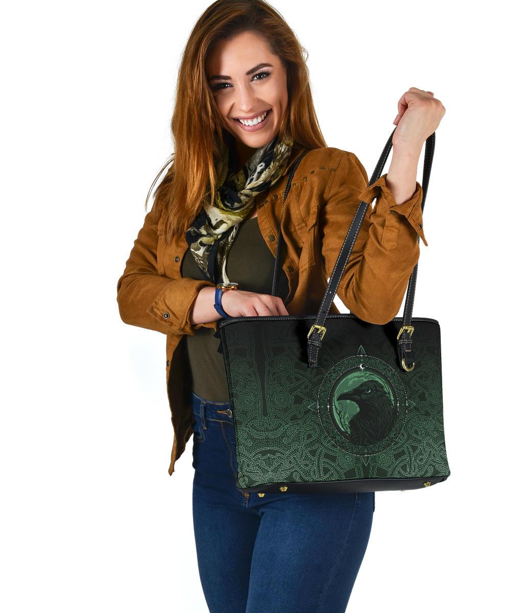 Viking Small Leather Tote Bag, Ethnic Odin Raven Green RLT12