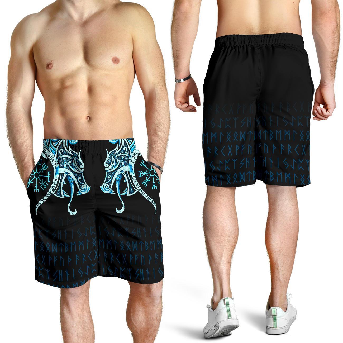 Viking Men's Shorts, Fenrir Raven and Vegvisir Tattoo Cyan RLT12