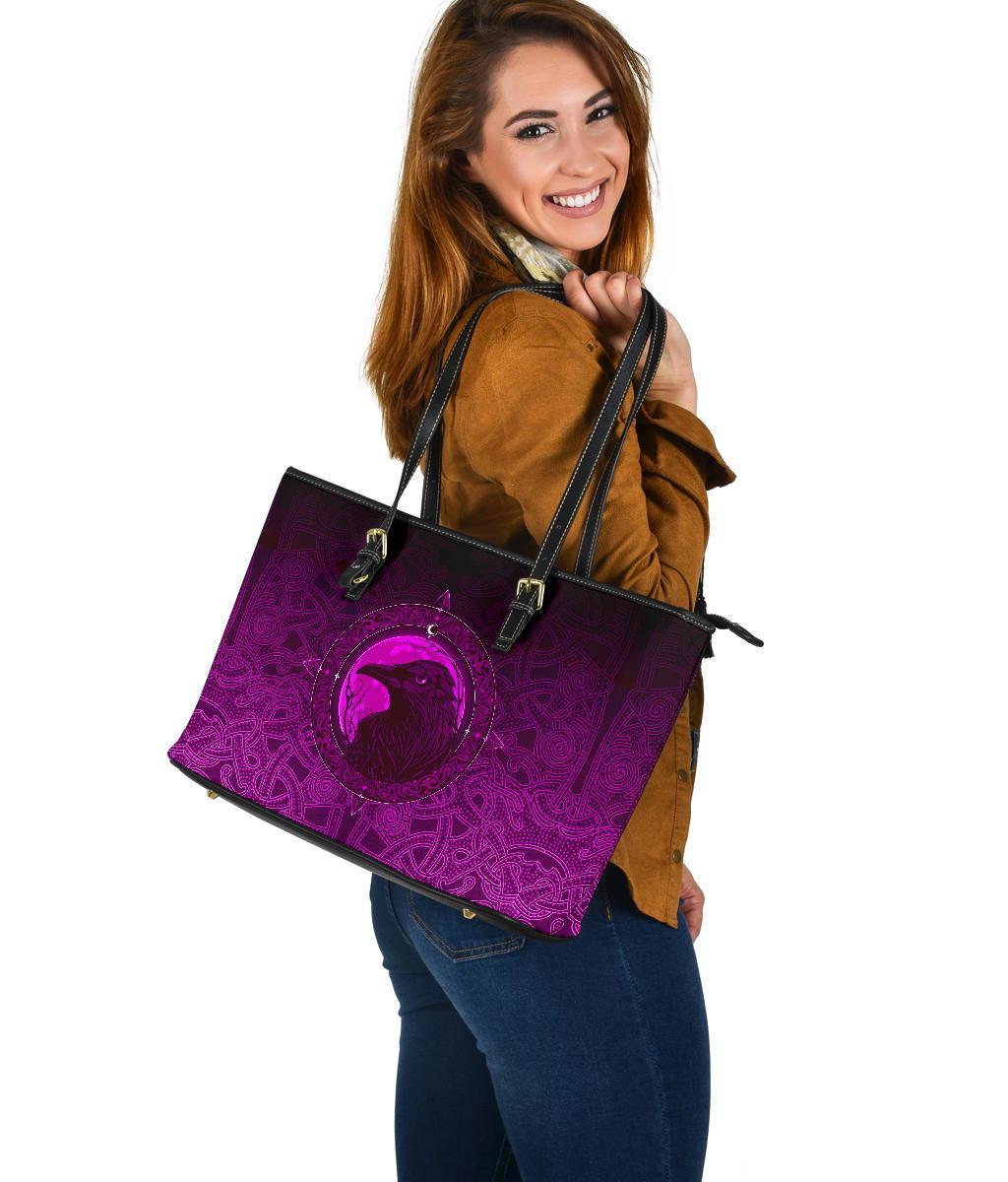Viking Large Leather Tote Bag, Ethnic Odin Raven Pink RLT12