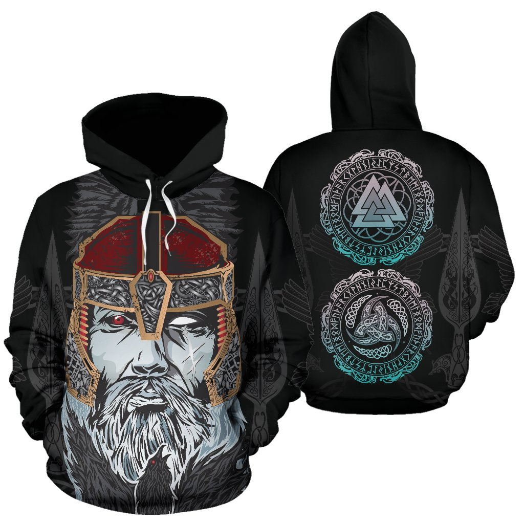 Viking Pullover Hoodie - Odin Valknut and Triple Horn RLT12