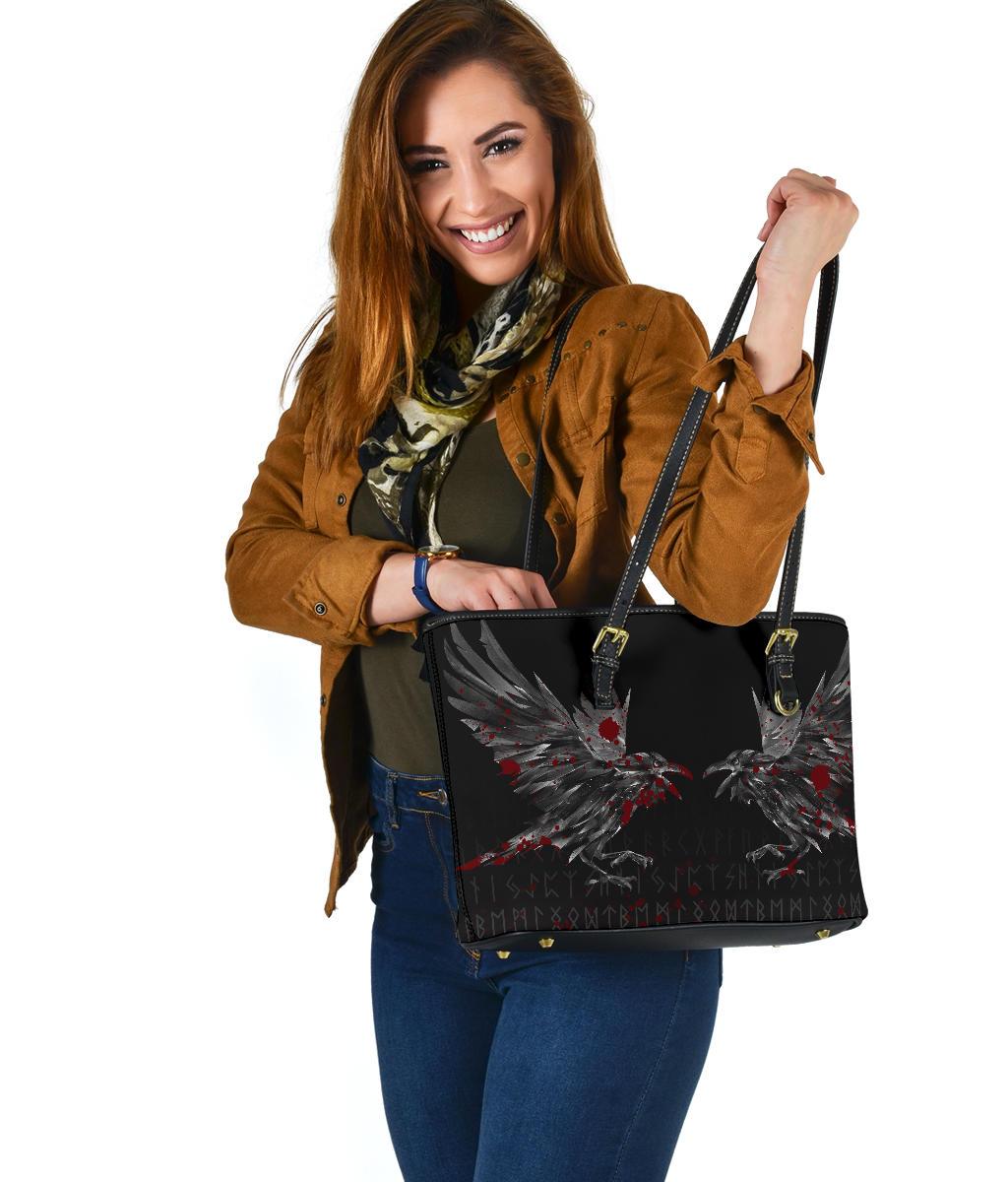 Viking Small Leather Tote Bag - Odin Huginn and Muninn Rune Blood RLT12